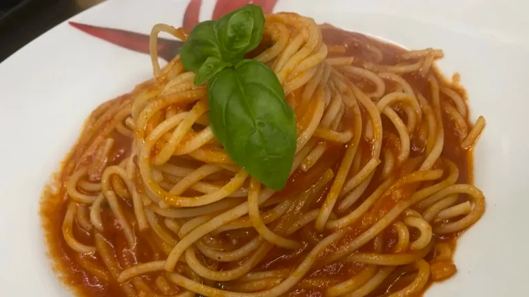 Hausgemachte Pasta mit Tomatensugo und frischem Basilikum