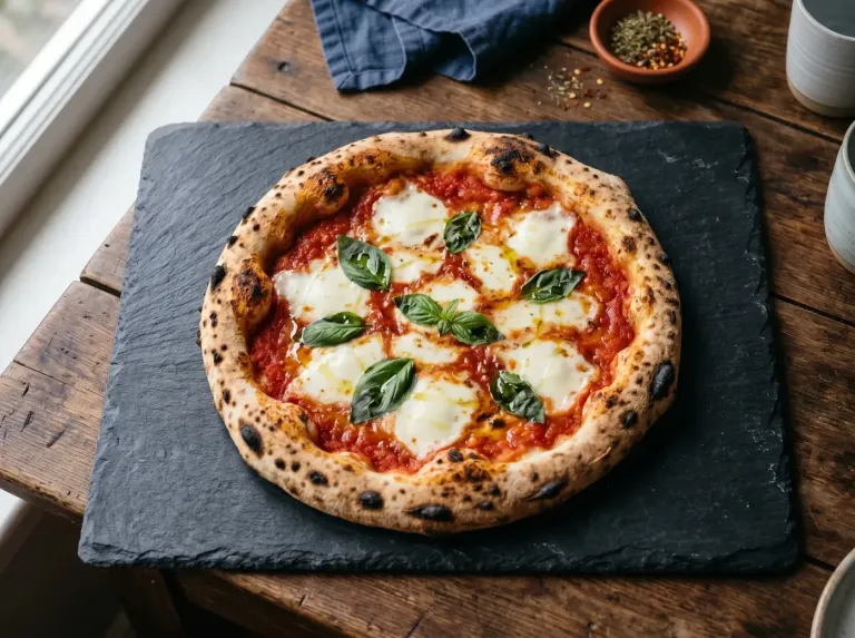 Pizza Margherita aus dem Holzofen auf einer Schieferplatte